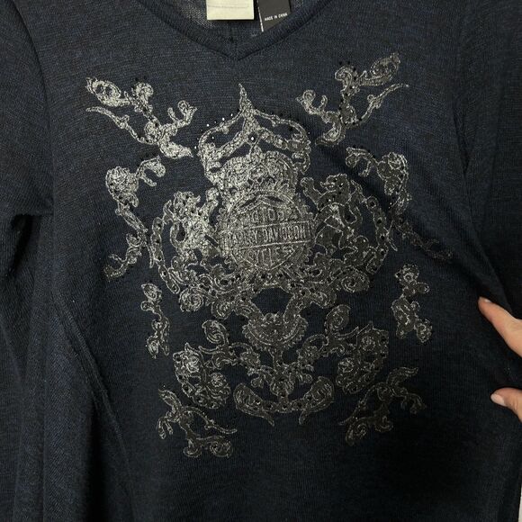 Harley Davidson Long Sleeve Top Lace Flowy Navy Blue Gems Women's M - Picture 5 of 10